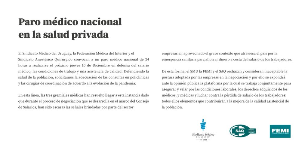 Paro médico nacional en el sector privado el próximo 10/12.